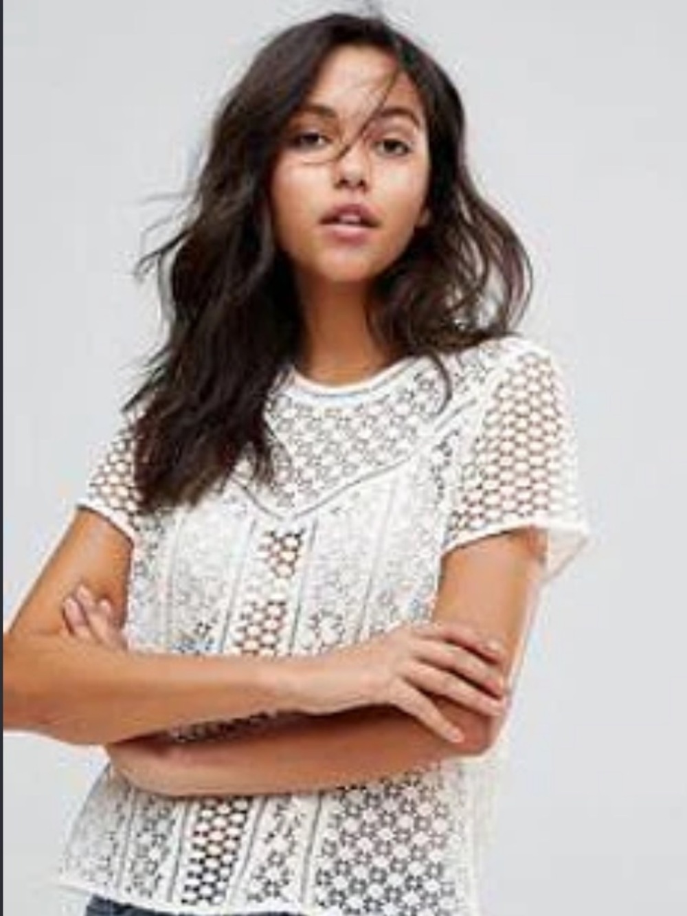 Abercrombie & Fitch Cream Crochet Lace Short Sleeve Top